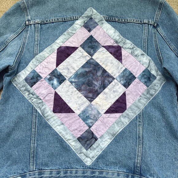 Patchwork Denim Jacket Womens 4 Blue Cottagecore Grandma - Picture 7 of 7